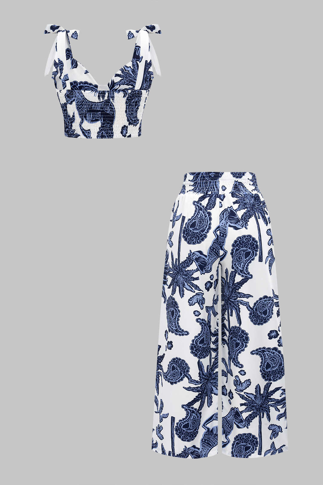 Abstract Print Smocked Tie-Up Slip Cami Top and Trousers Set