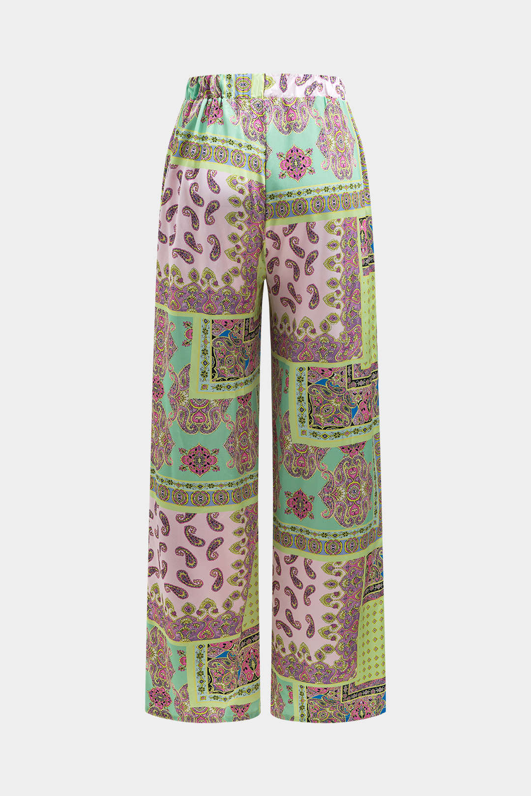 Satin Ruched Slip Mini Dress and Paisley Print Wide Leg Trousers Ensemble