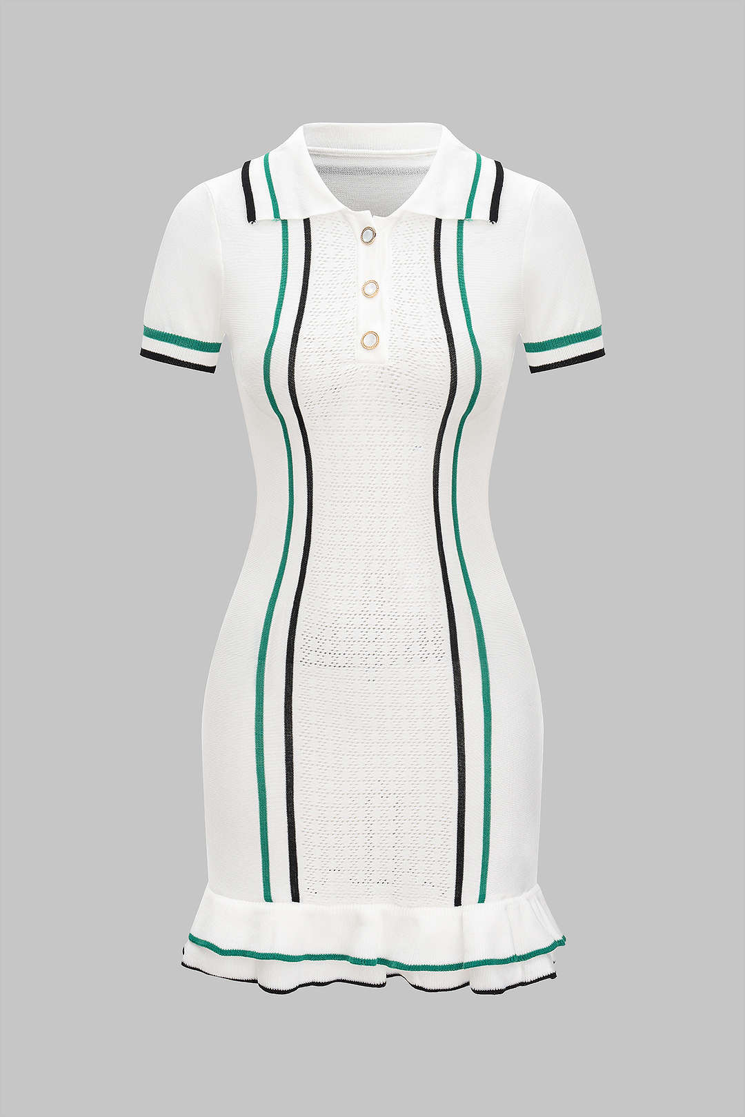 Knit Contrast Button Ruffle Short Sleeve Dress