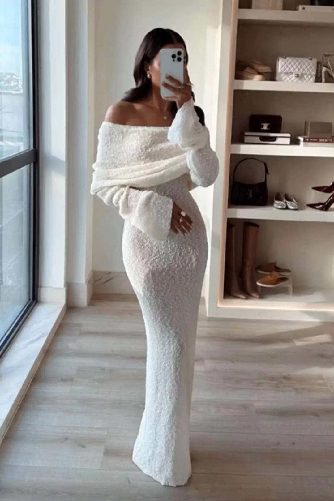 Off-the-Shoulder Open-Knit Maxi Dress