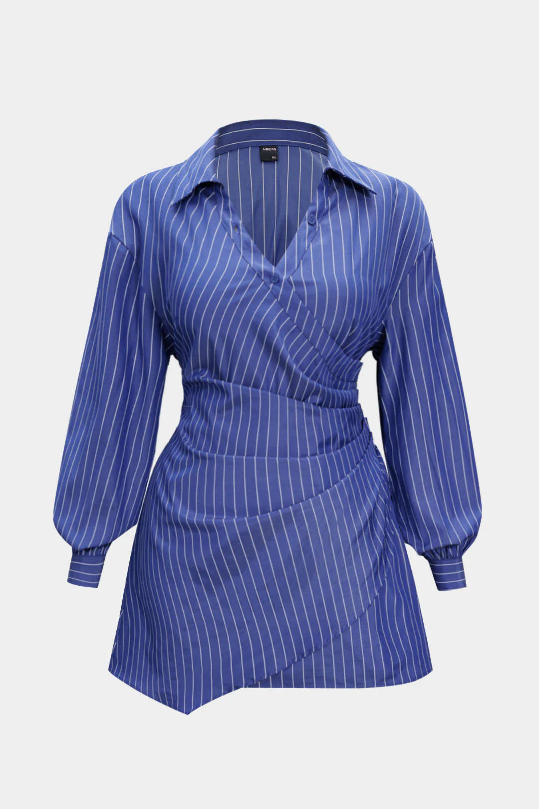 Plus Size Striped Crossed Ruched Smocked Long Sleeve Mini Dress
