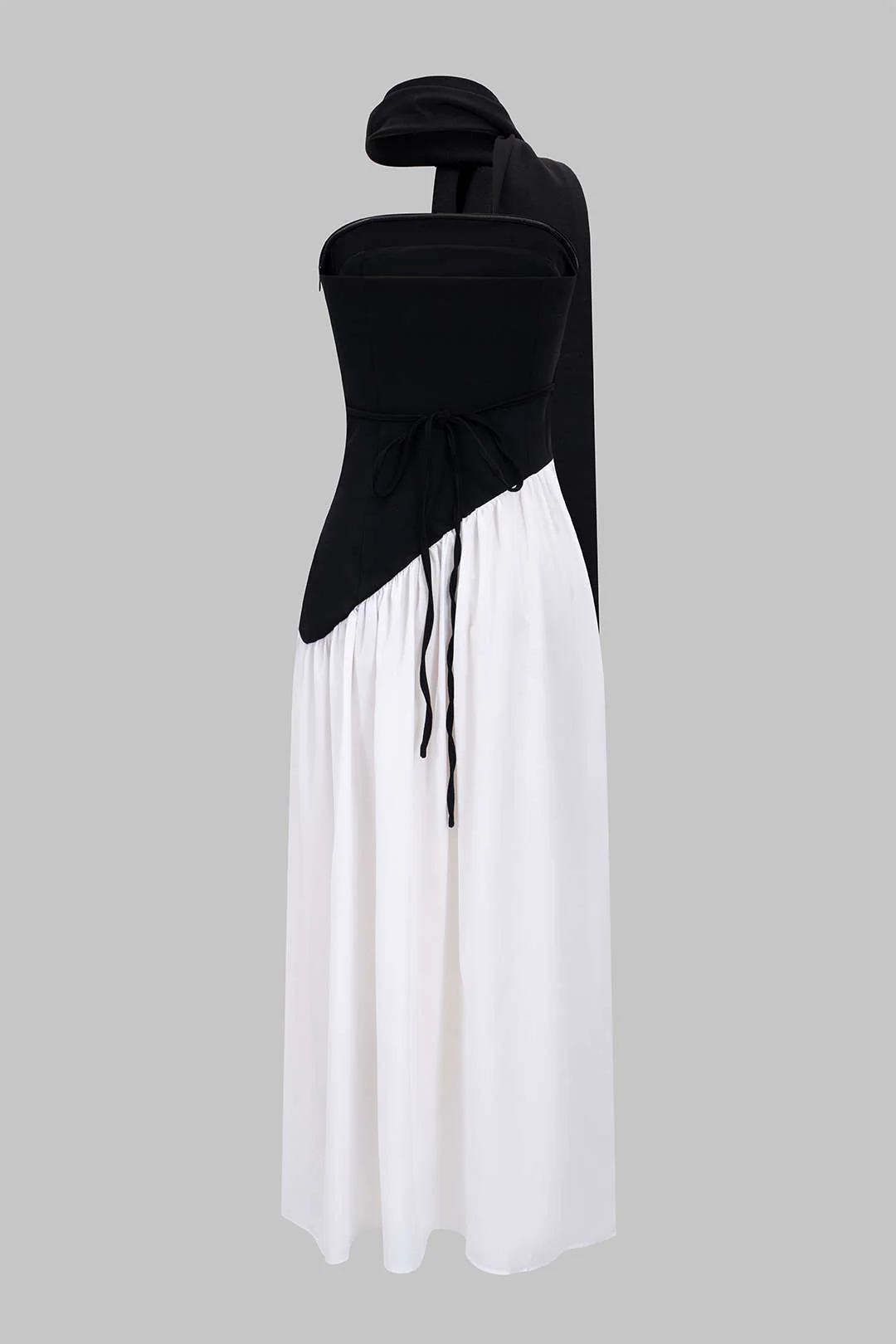 Contrast Satin Ruched Slit Strapless Maxi Dress