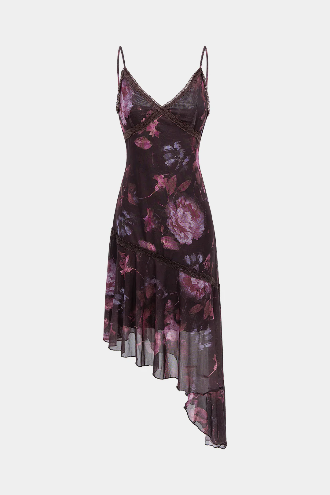 Mesh Floral Print Lace Trim Asymmetrical Sleeveless Mini Dress