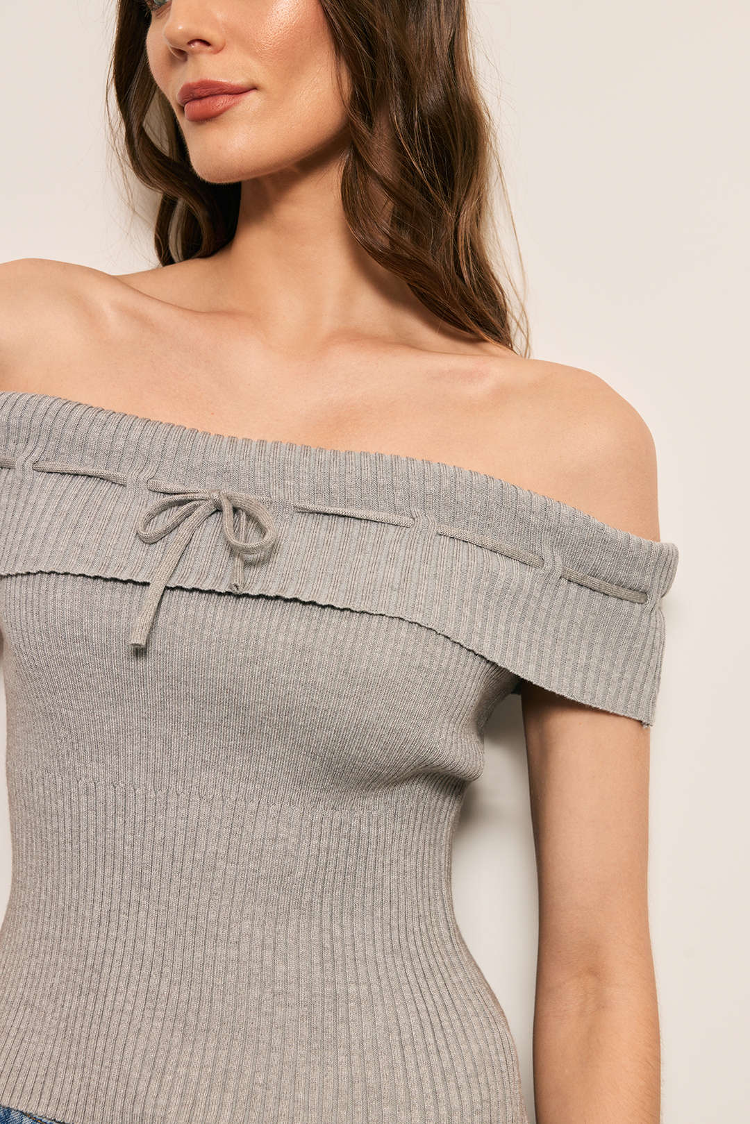 Knit Off-Shoulder Bow Tie-Up Top