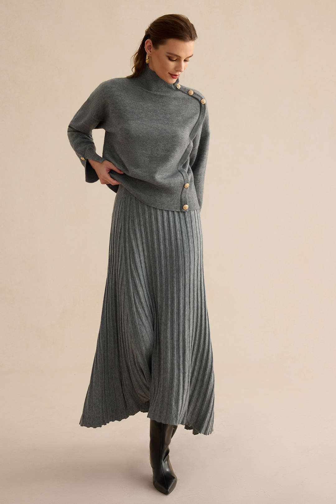 Knit Asymmetric Button Long Sleeve Top
