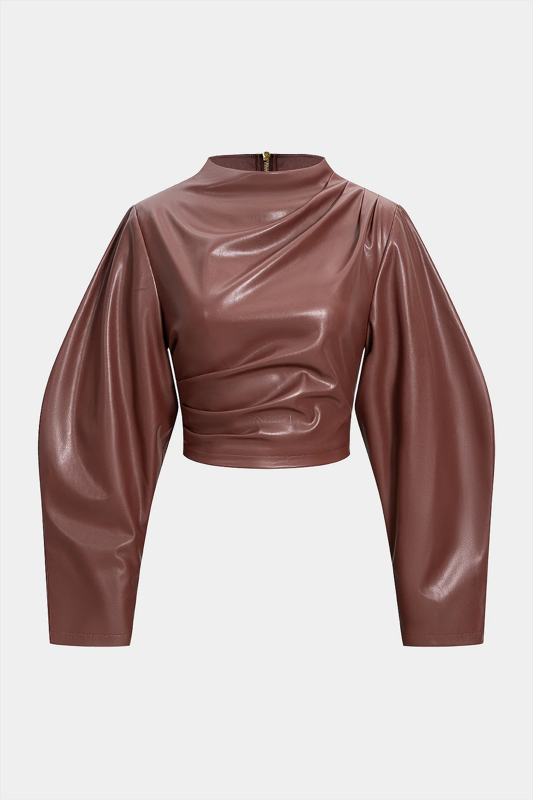 Faux Leather Ruched Zipper Long Sleeve Top