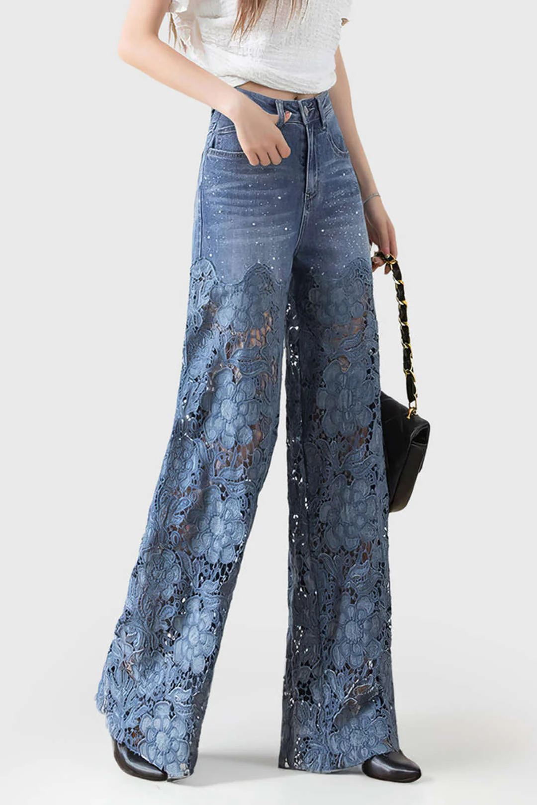 Lace Cut-Out Patchwork Wide-Leg Denim Jeans