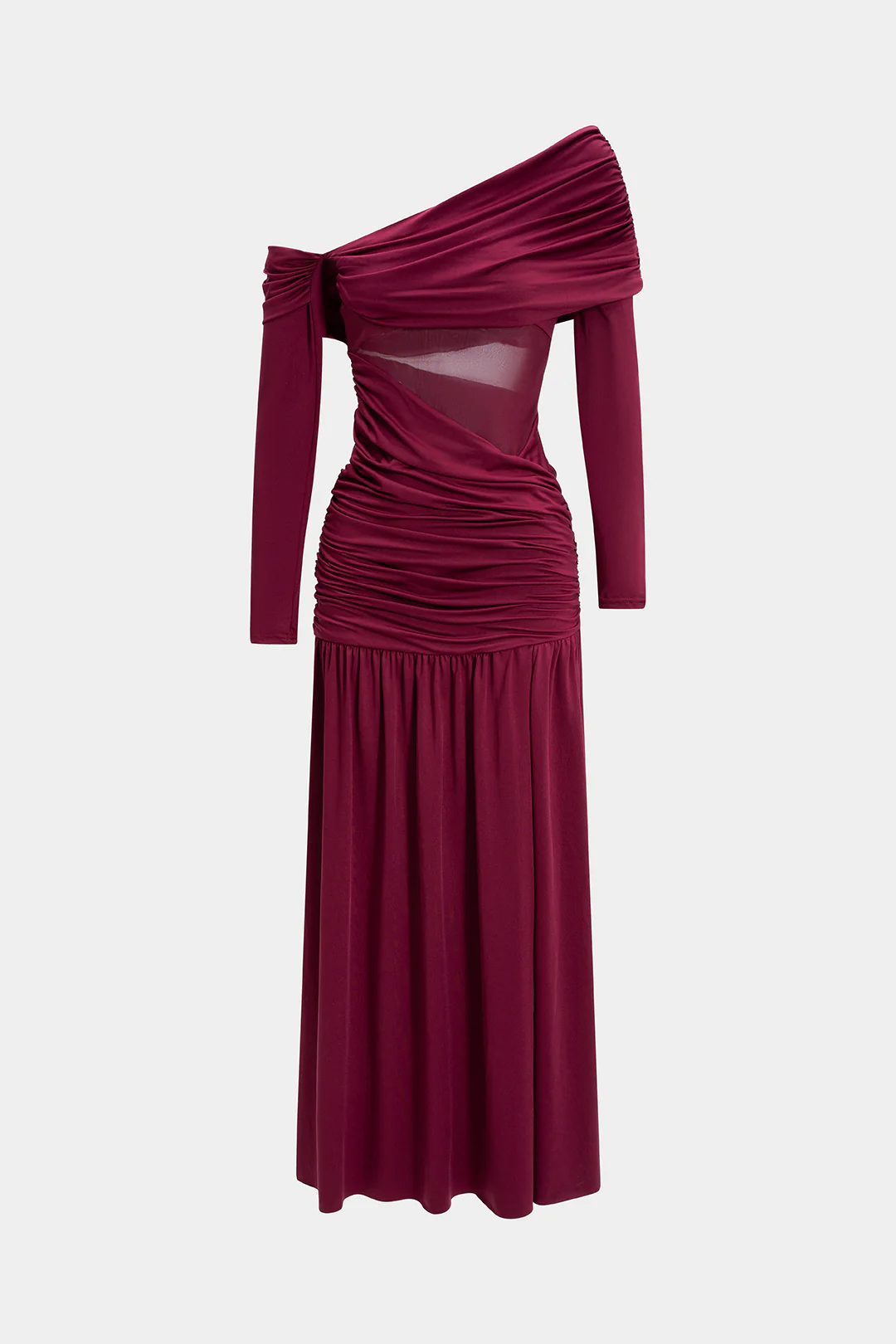 Mesh Patchwork Ruched Asymmetrical Shoulder Long Sleeve Maxi Dress