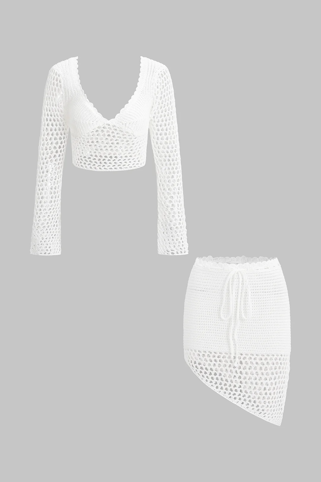 Knit Cut Out Long Sleeve Crop Top And Tie-Up Skirt Set