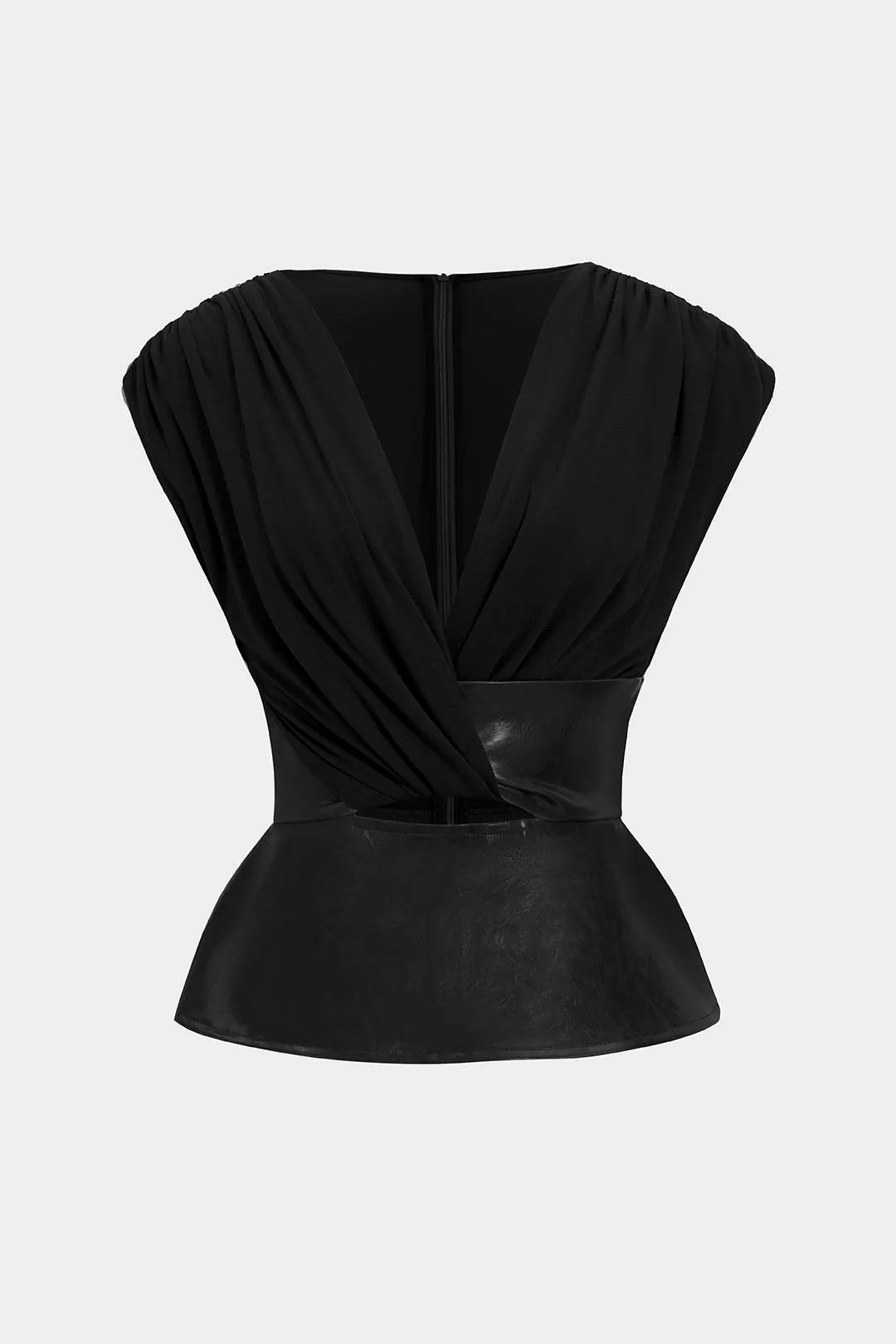 Faux Leather Patchwork Ruched Zipper Short Sleeve Blouse