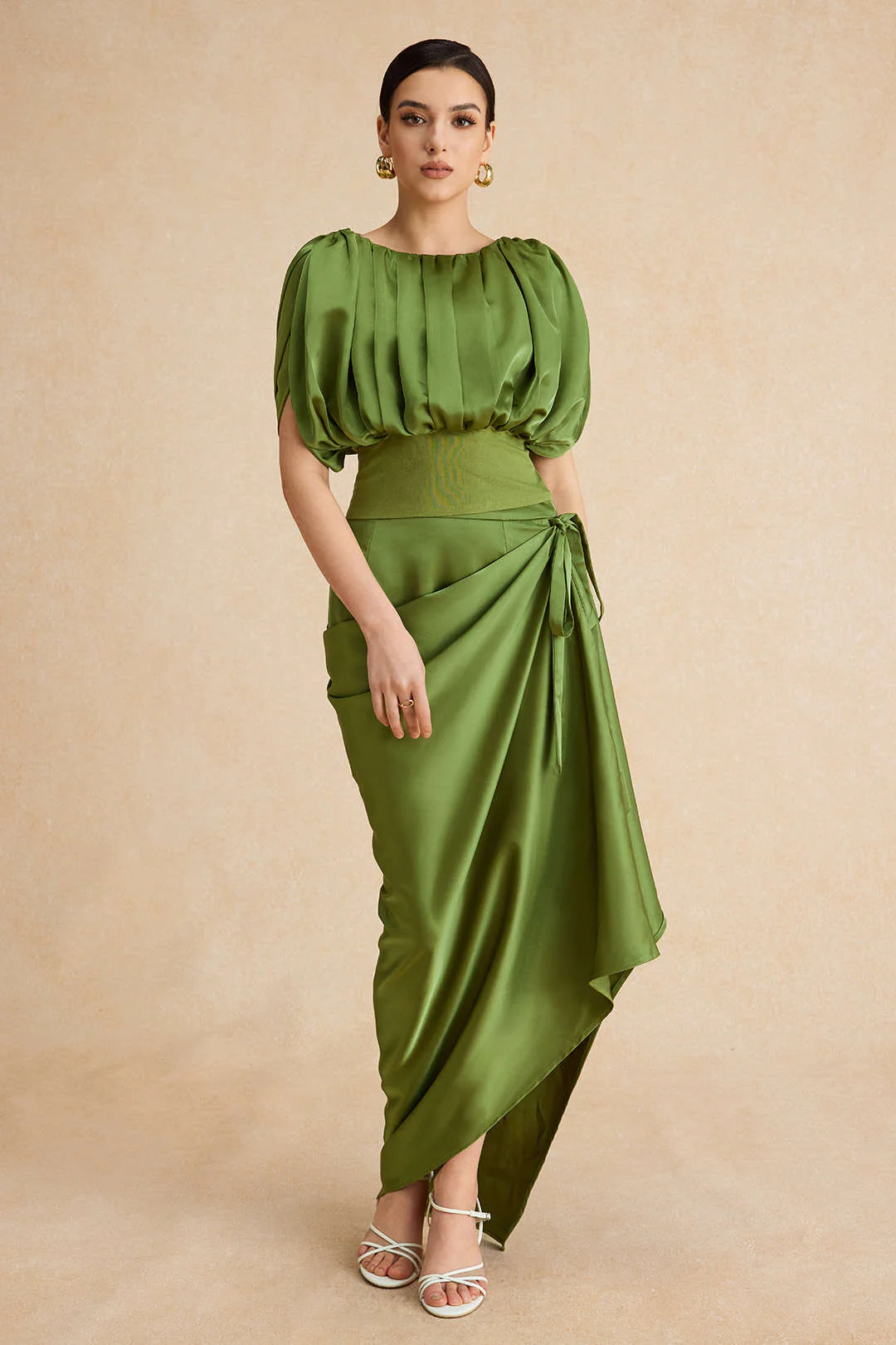 Satin Asymmetrical Ruched Tie Knot Zipper Skirt