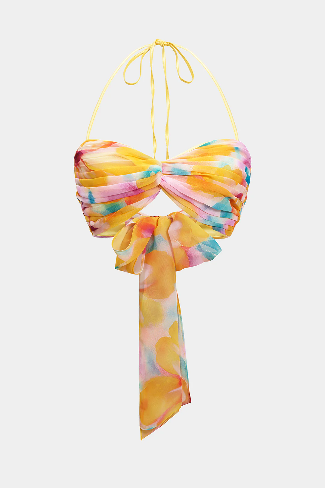 Ombre Print Chiffon Satin Pleated Halter Neck Tie-Up Cami Top