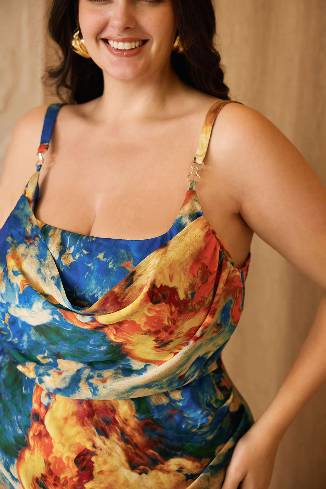 Plus Size Satin Abstract Pattern Draped Cowl Neck Slip Sleeveless Slit Midi Dress