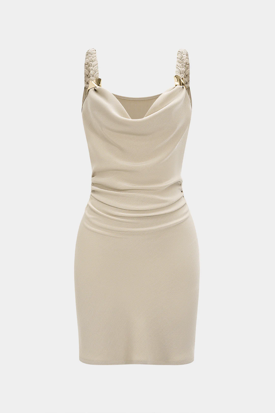 Braided Draped Cowl Neck Ruched Sleeveless Mini Dress
