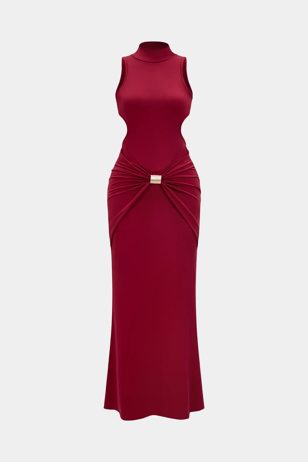 Mock Neck Metallic Ruched Backless Sleeveless Maxi Dress