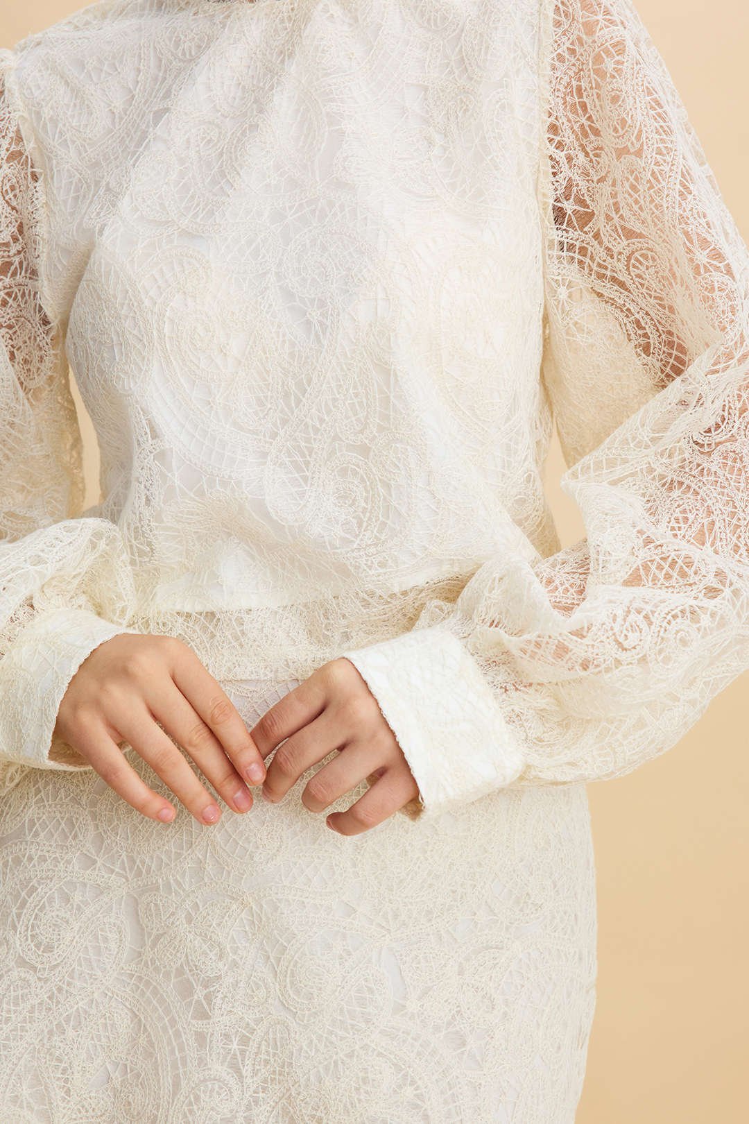 Lace Patchwork High Collar Lantern Puff Sleeve And Skirt Set