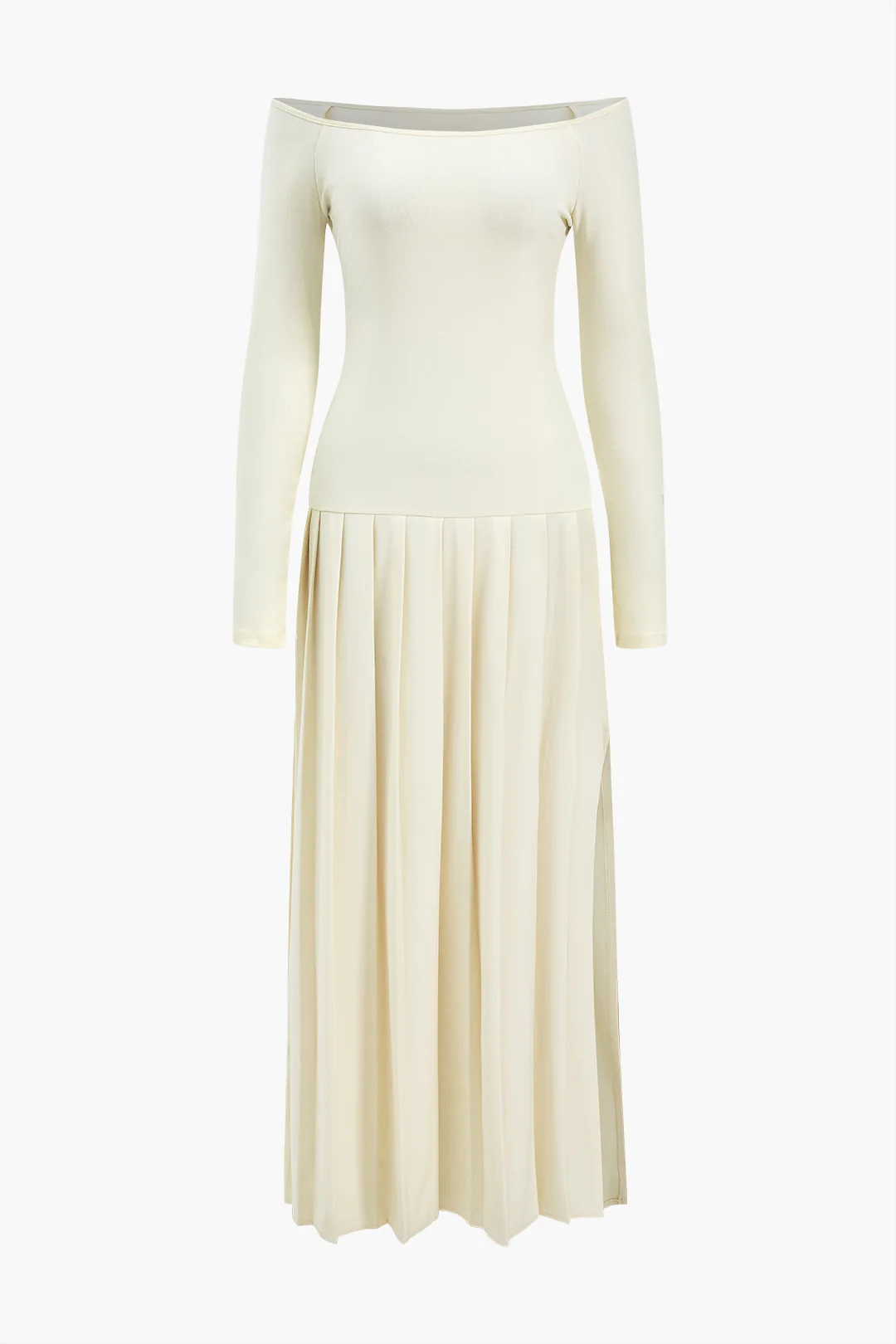 Pleated Off-the-Shoulder Patchwork Side-Slit Long-Sleeve Maxi Dress