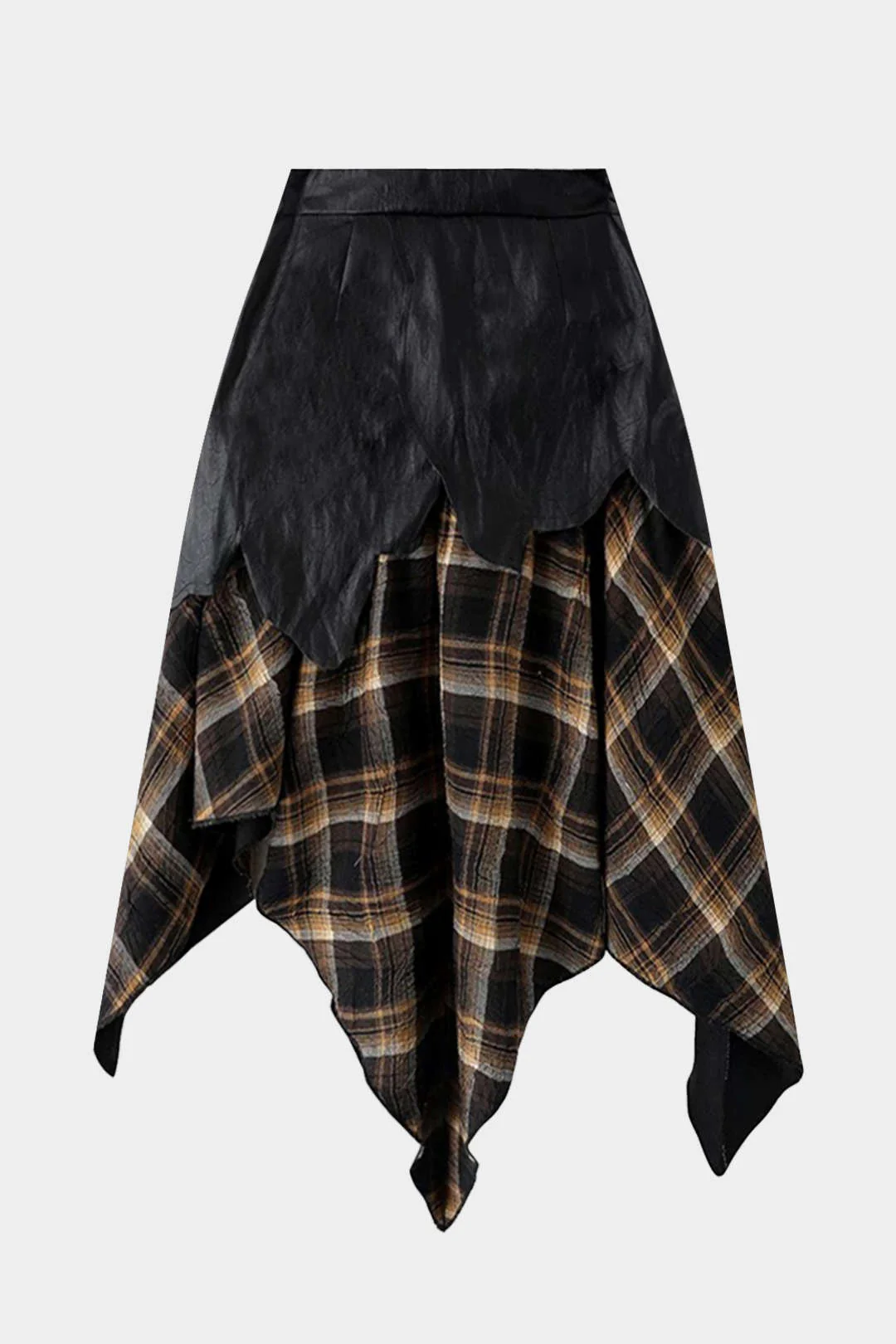 Large Size Color Block Plaid Print Faux Leather Patchwork Tie-Up Asymmetrical Pocket Skirt