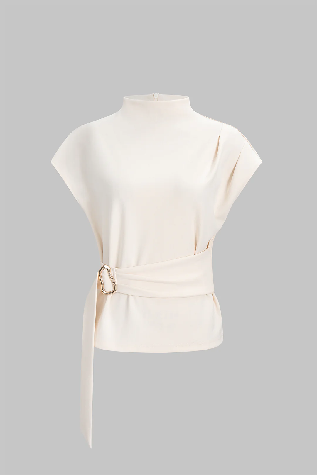 Metallic Decor Belted Zipper Short Sleeve T-Shirt