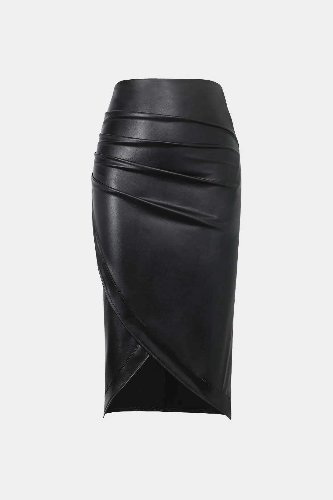 Faux Leather Wrap Ruched Mid-length Skirt