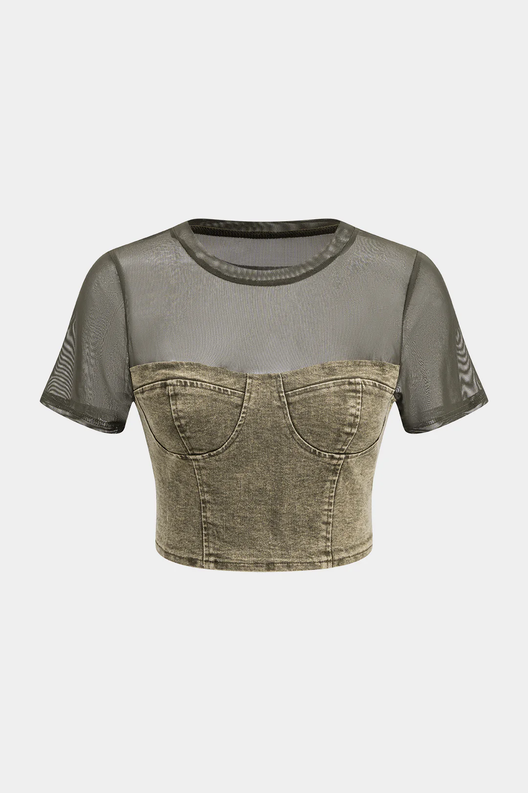 Contrasting Print Mesh and Denim Patchwork Short-Sleeve T-Shirt