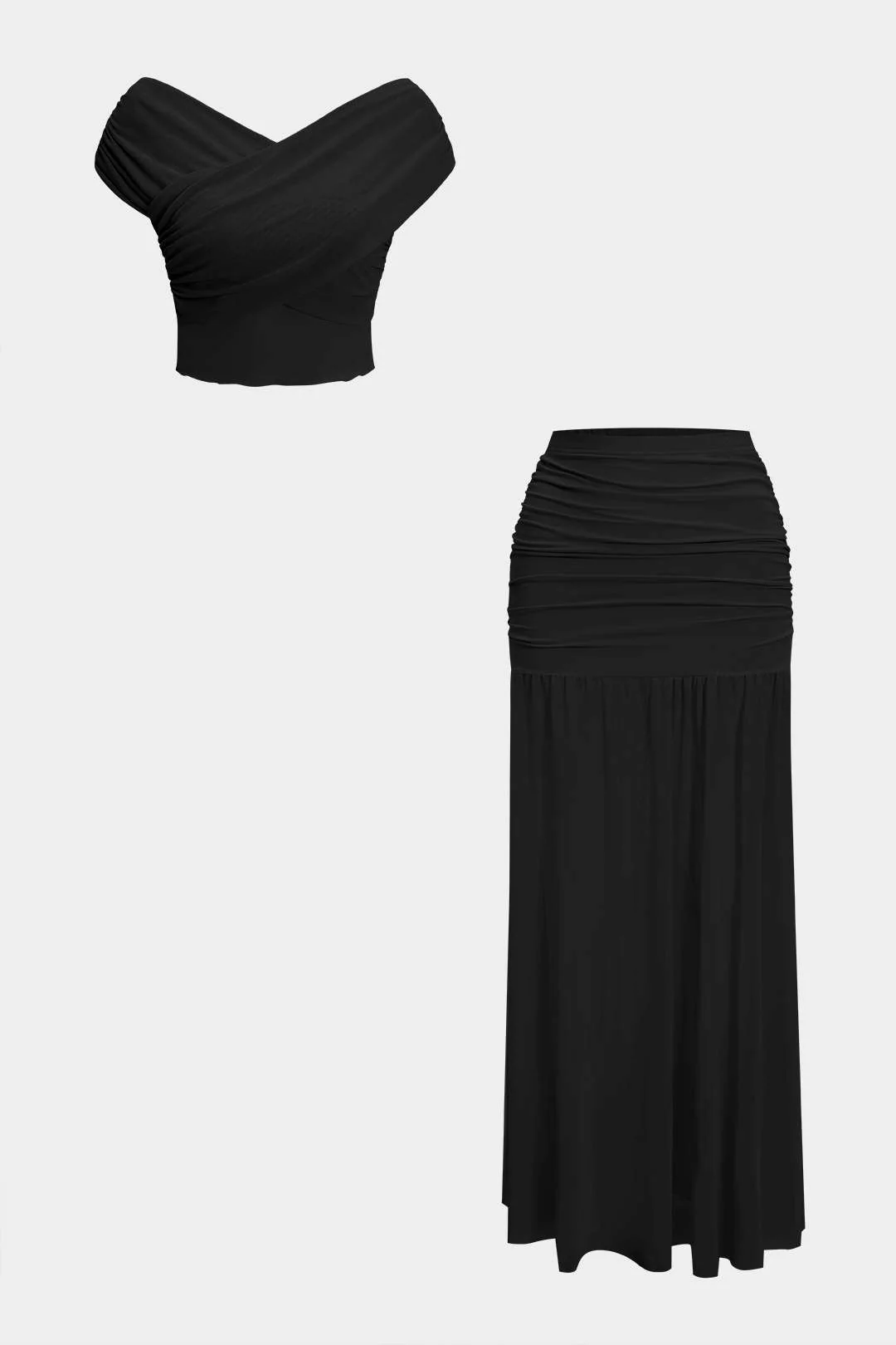 Ruched Patchwork Top and Skirt Outfit Set