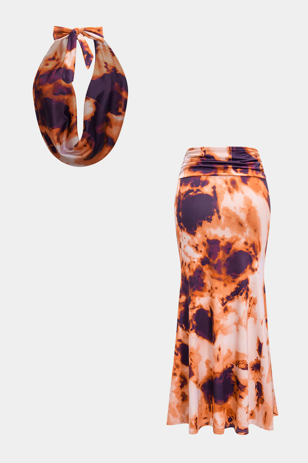 Contrast Print Tie-Back Backless Top and Ruched Skirt Outfit Set