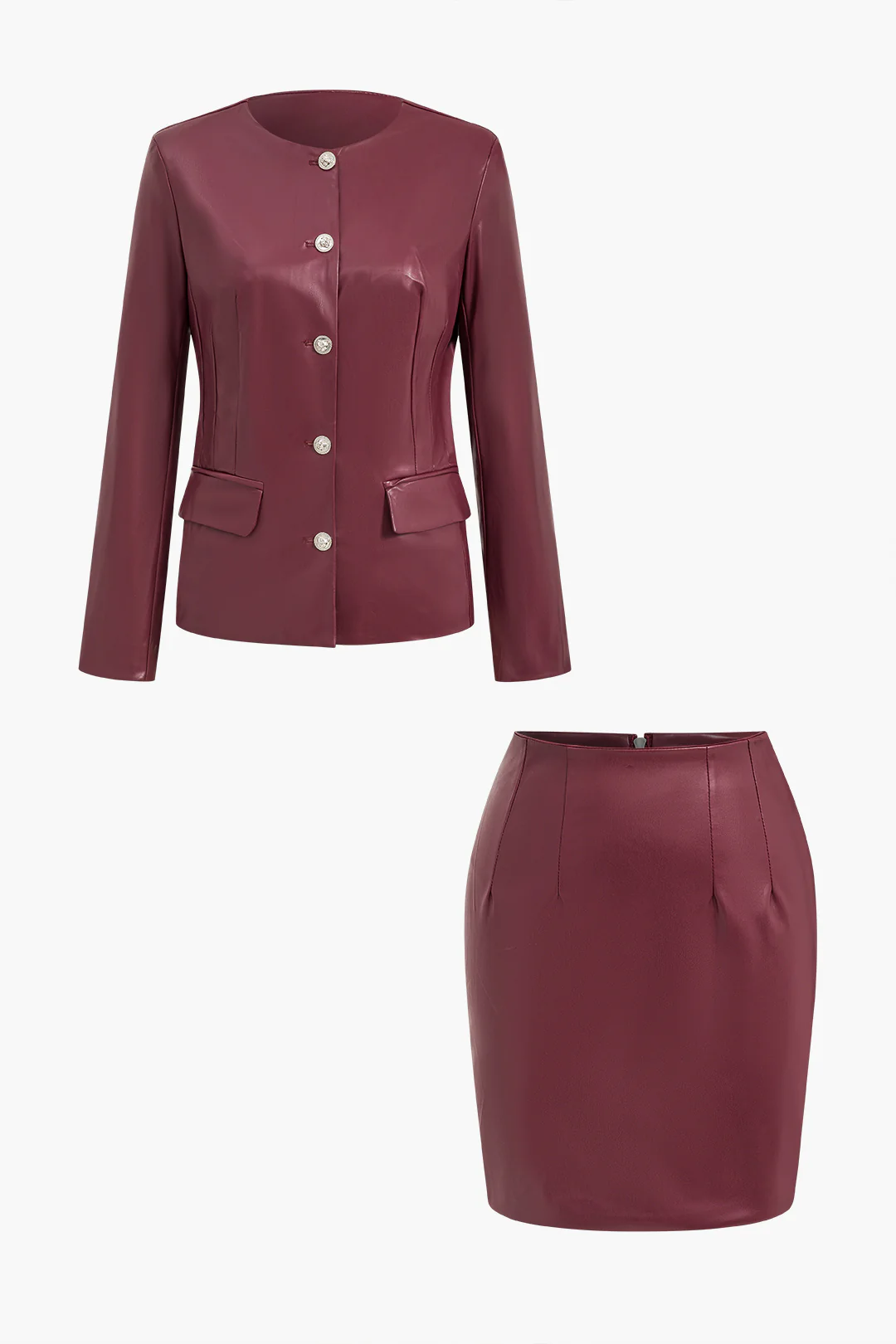 Solid Button Zipper Skirt Ensemble