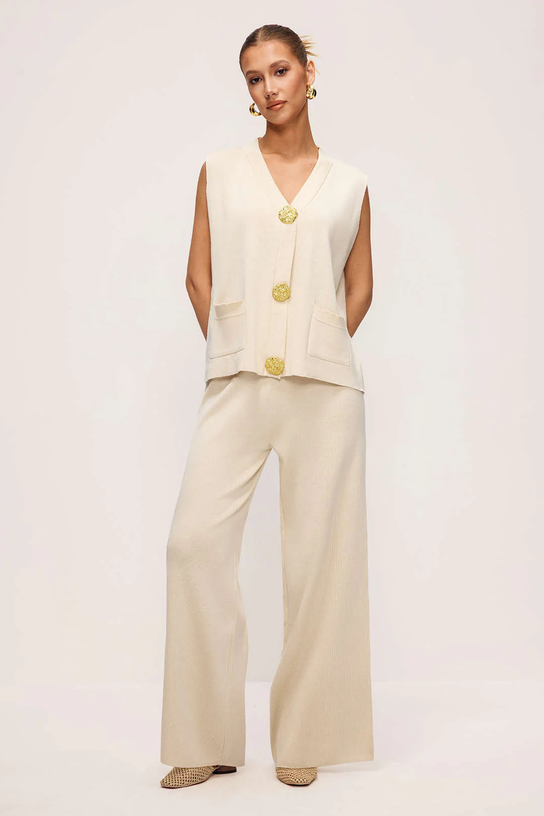 Knit Button V-Neck Vest And Pants Set