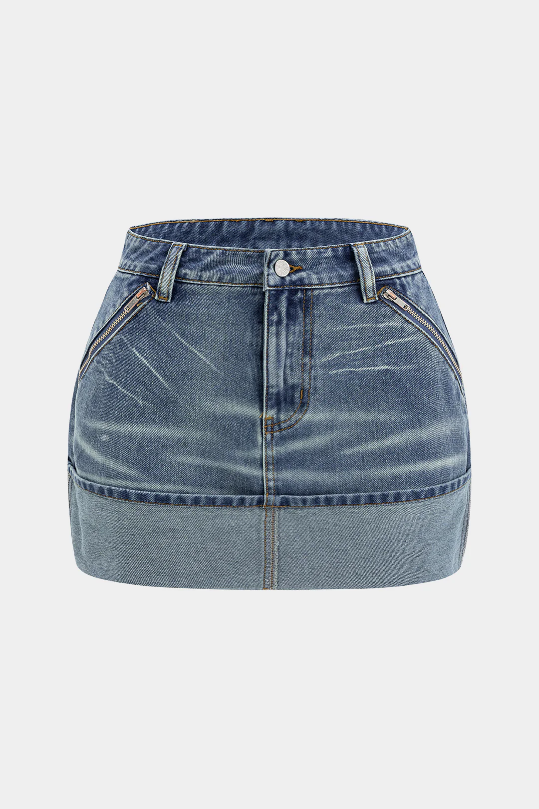 Plus Size Washed Denim Skirt with Cuffed Pockets