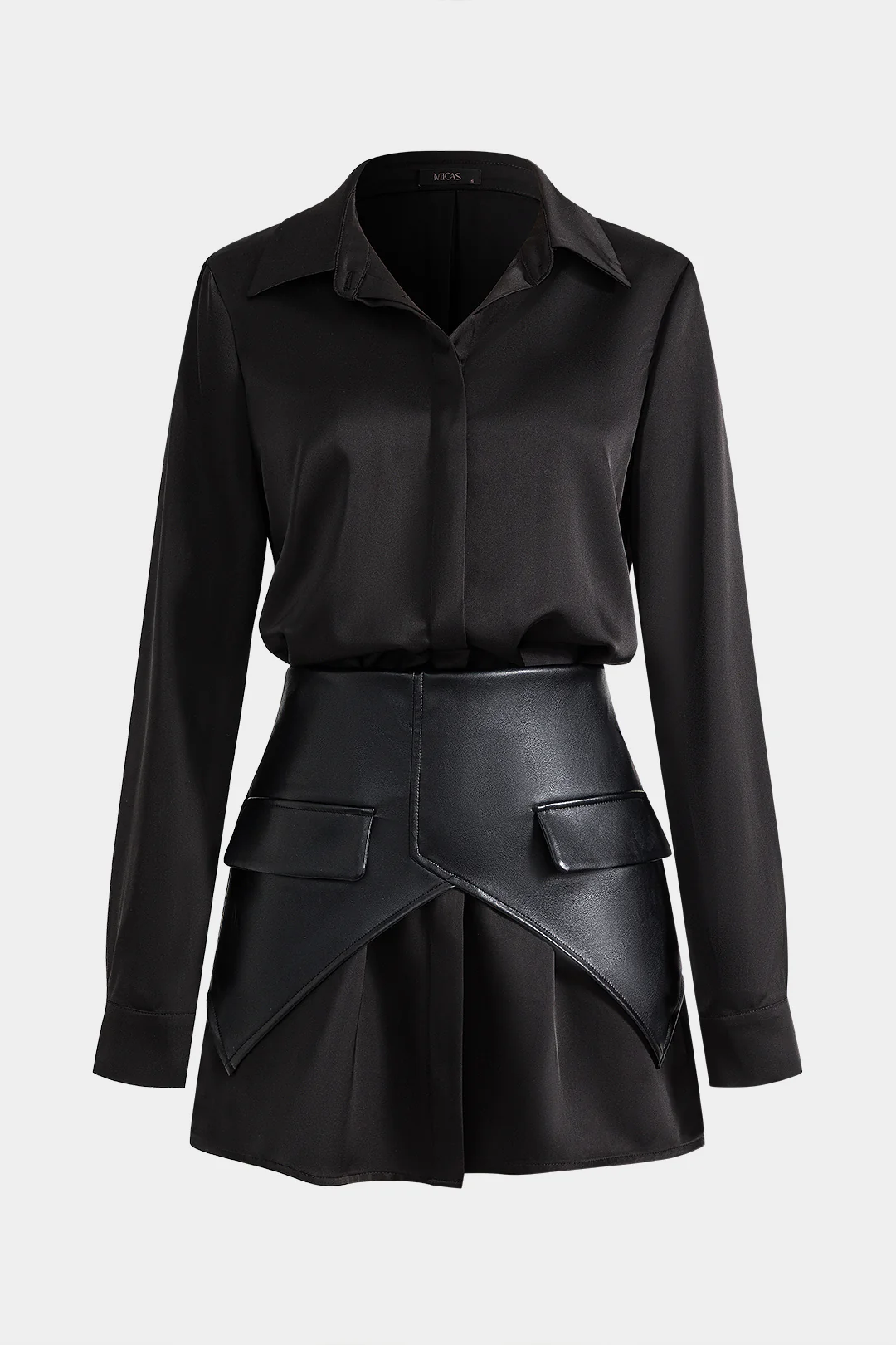 Satin Faux Leather Long Sleeve Mini Dress with Pocket and Button Zipper