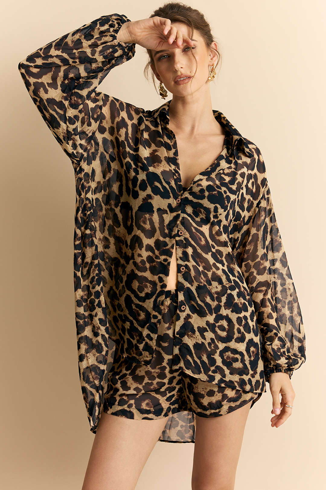 Leopard Print Chiffon Batwing Long Sleeve and Shorts Outfit Set