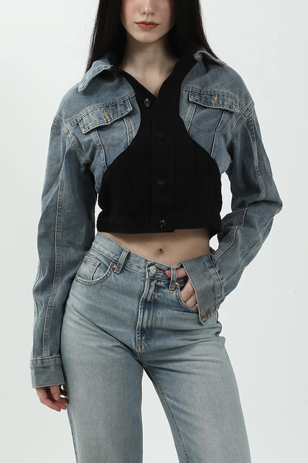Denim Patchwork Contrast Cropped Jacket