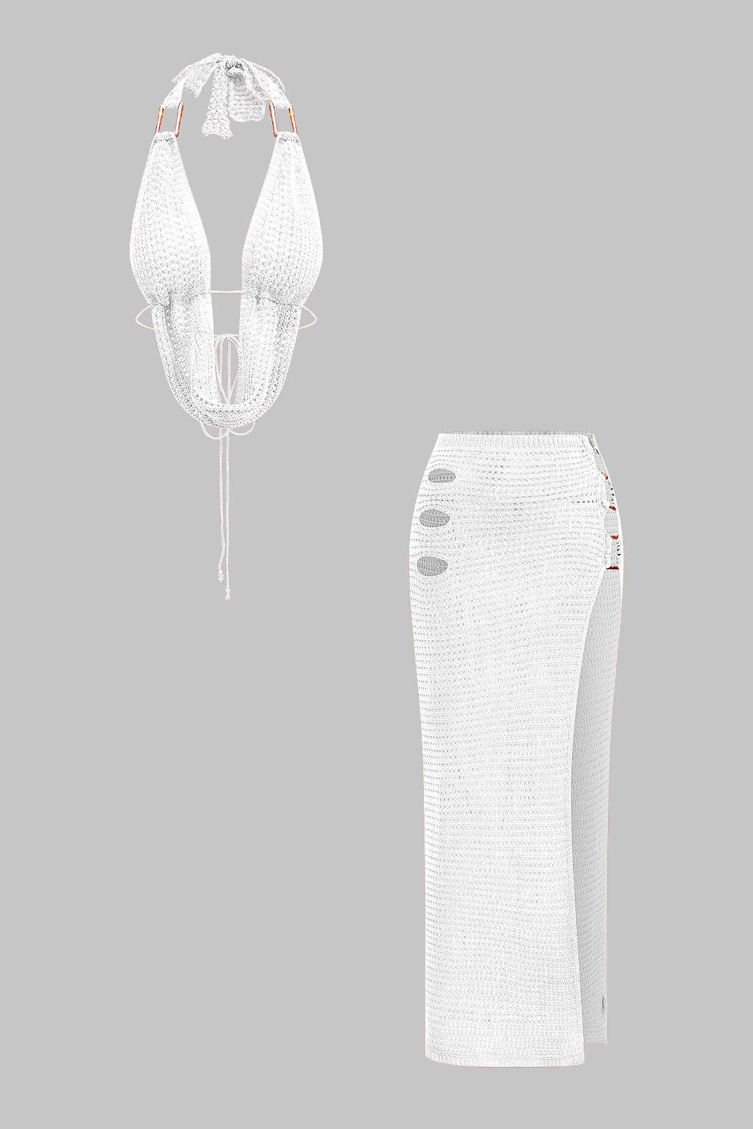 Knit Backless Tie Back Halter Top And High Slit Skirt Set