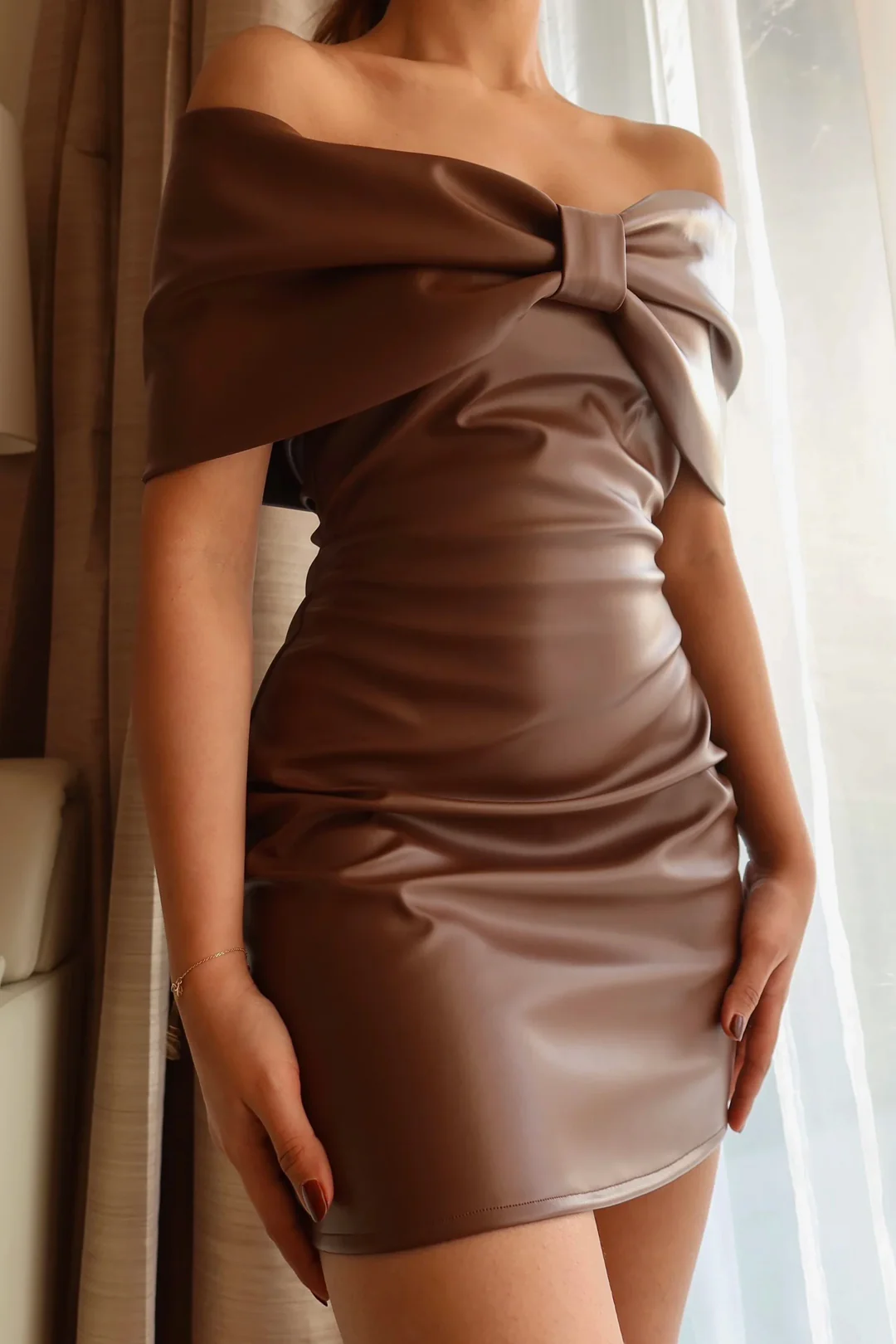 Solid Bow Faux Leather Off-the-Shoulder Mini Dress