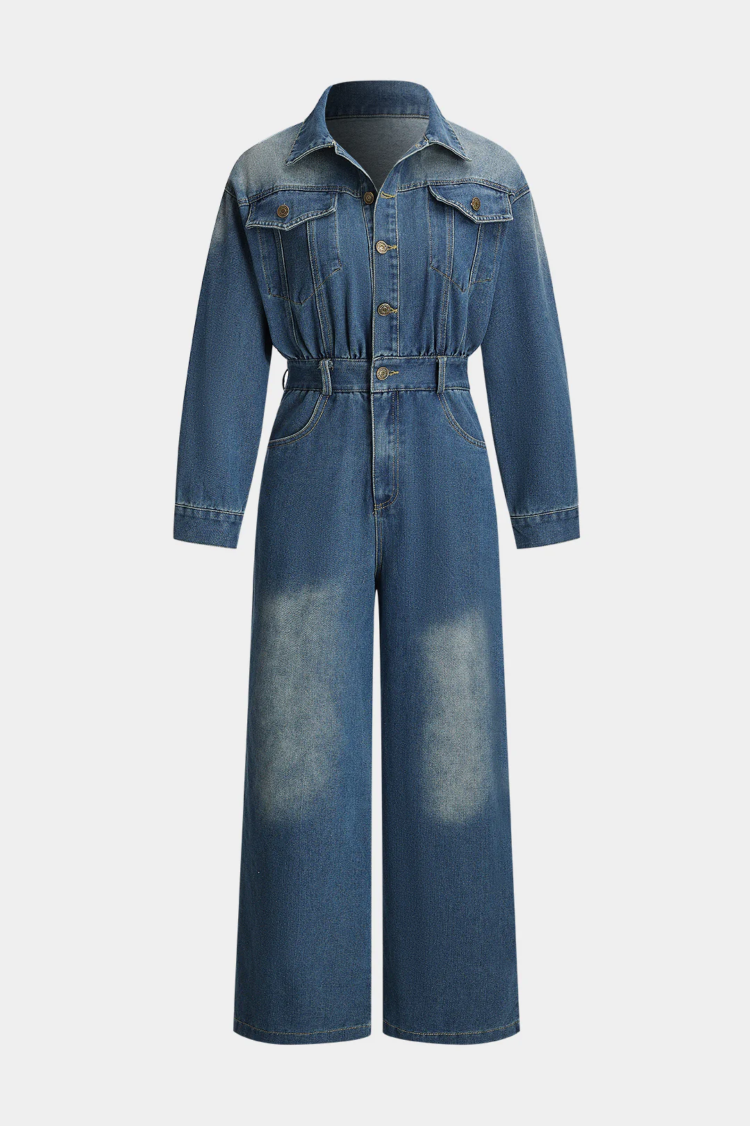 Denim Buttoned Long-Sleeve Jumpsuit