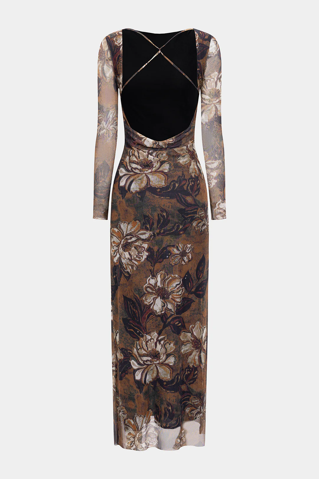 Mesh Floral Retro Print Backless Long Sleeve Maxi Dress