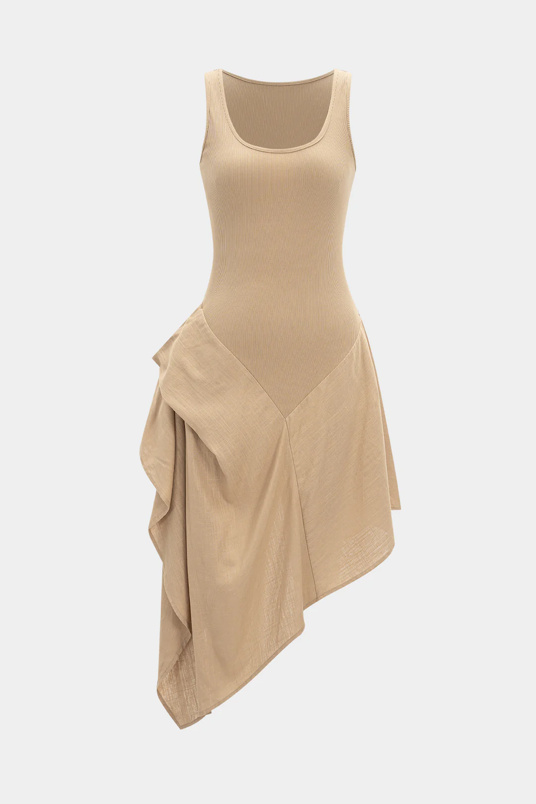 Linen Patchwork Ruched Asymmetrical Sleeveless Maxi Dress