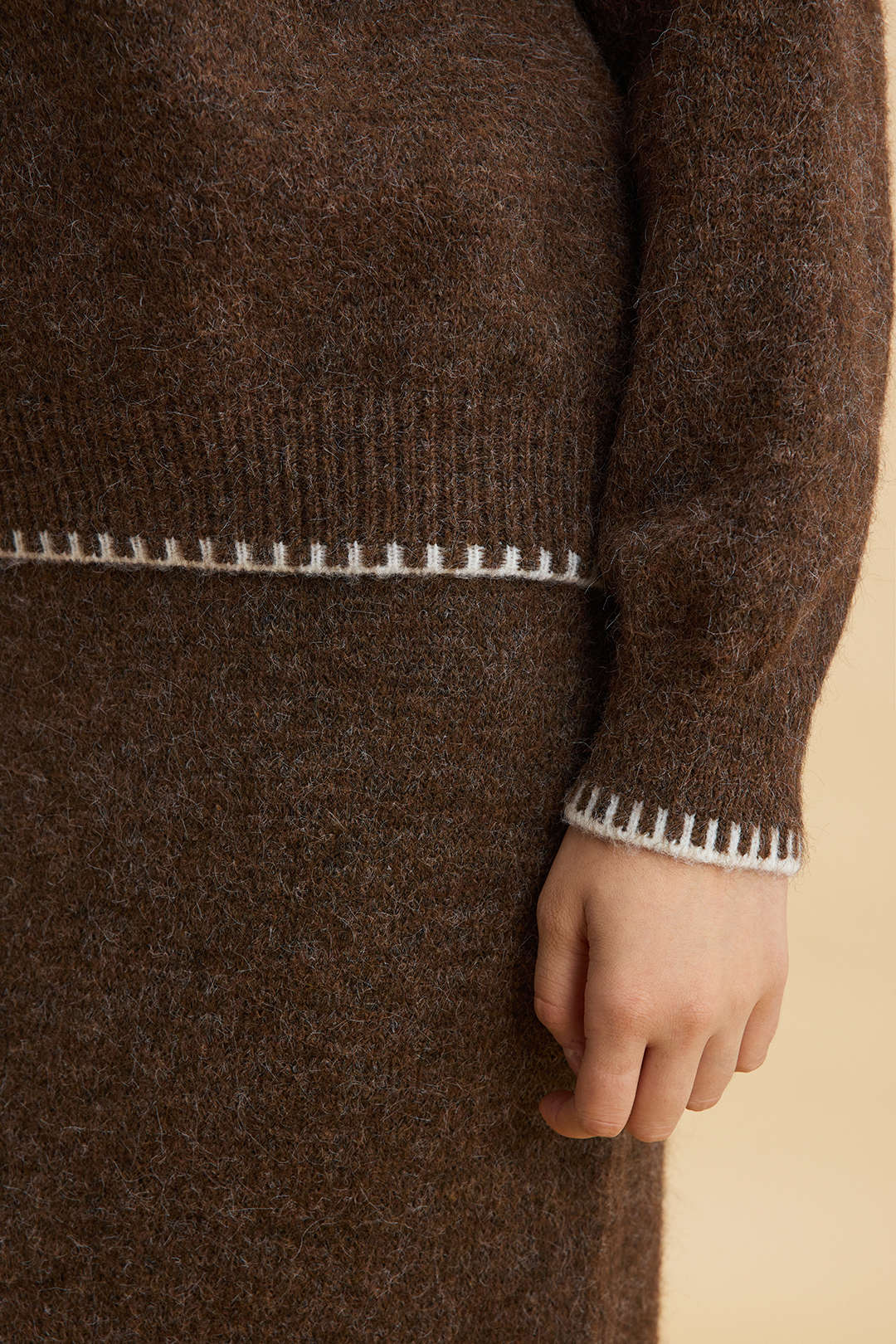 Knit Contrast Whipstitching Long-Sleeve Top And Skirt Set