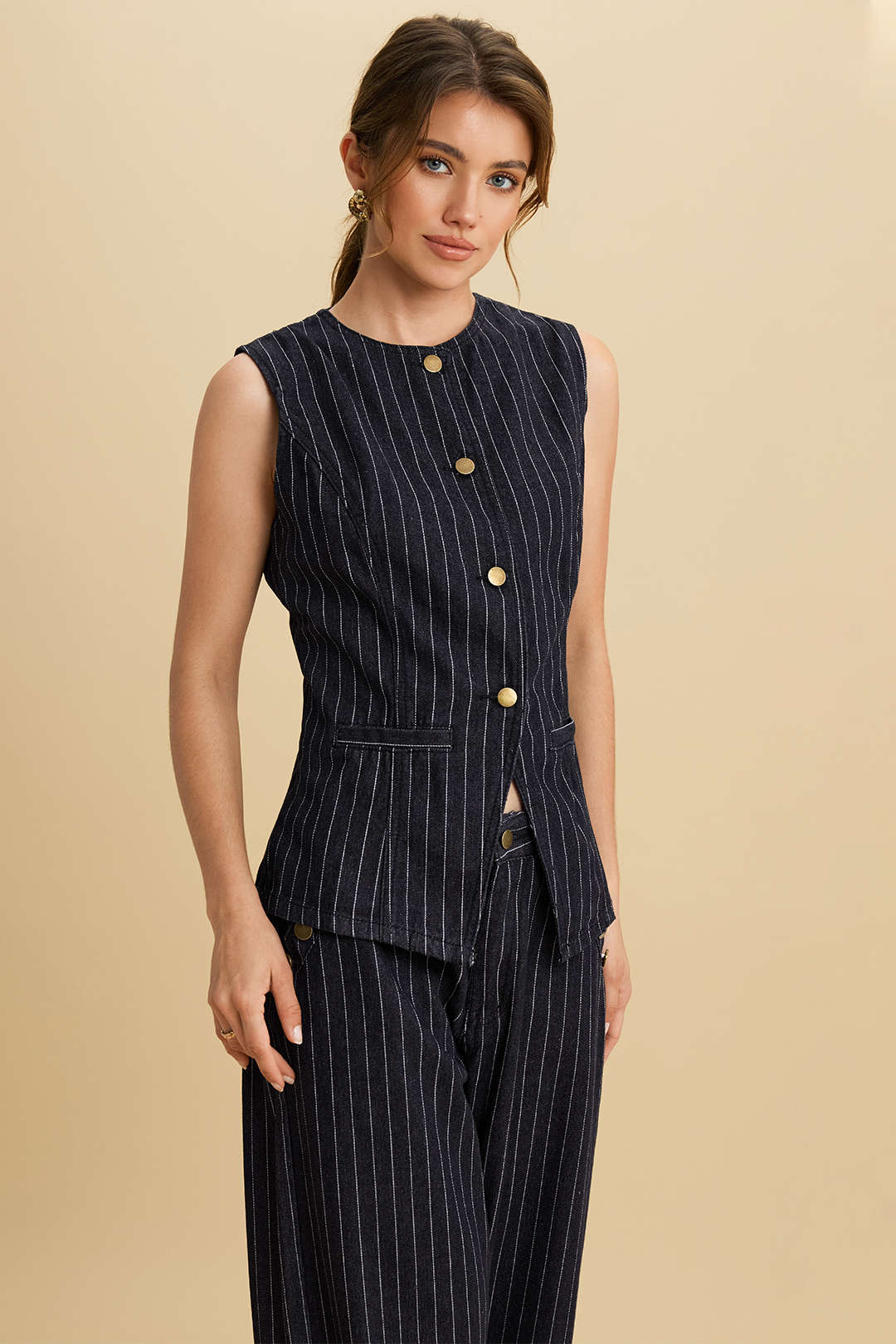 Denim Striped Print Button Tank Top