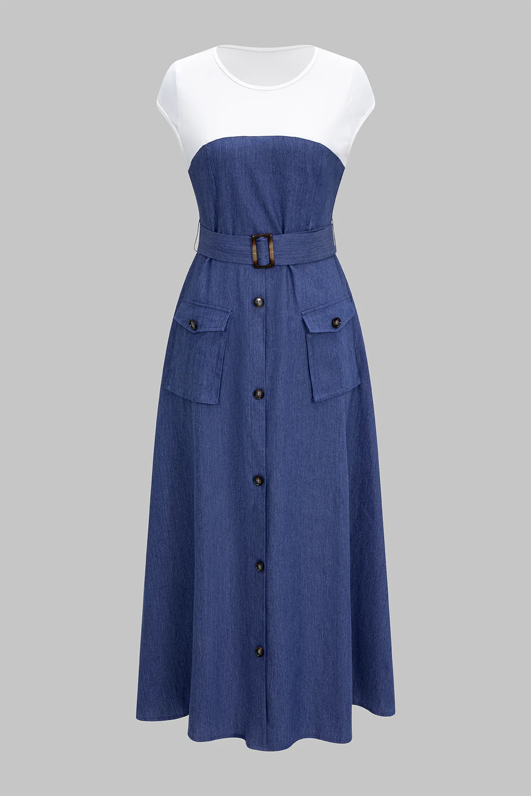Denim Patchwork Pocket Button-Belted Short Sleeve Dress