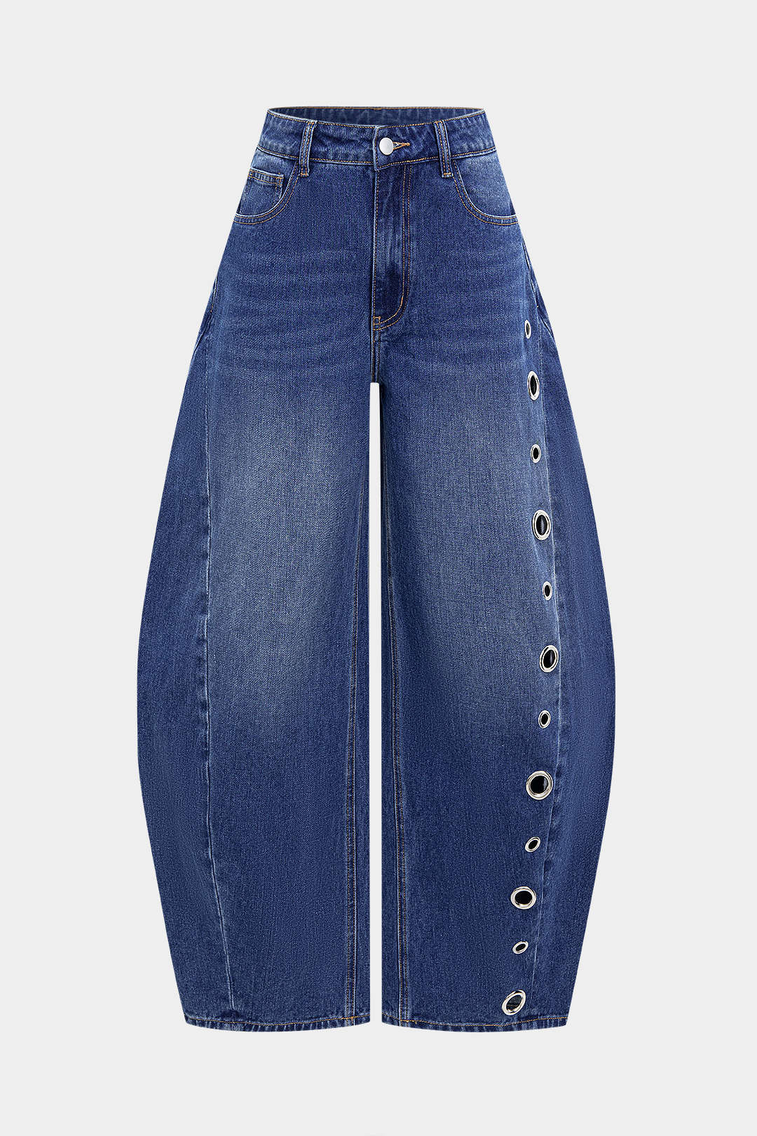 Denim Hollow-Out Pocket Metallic Ring Wide-Leg Jeans