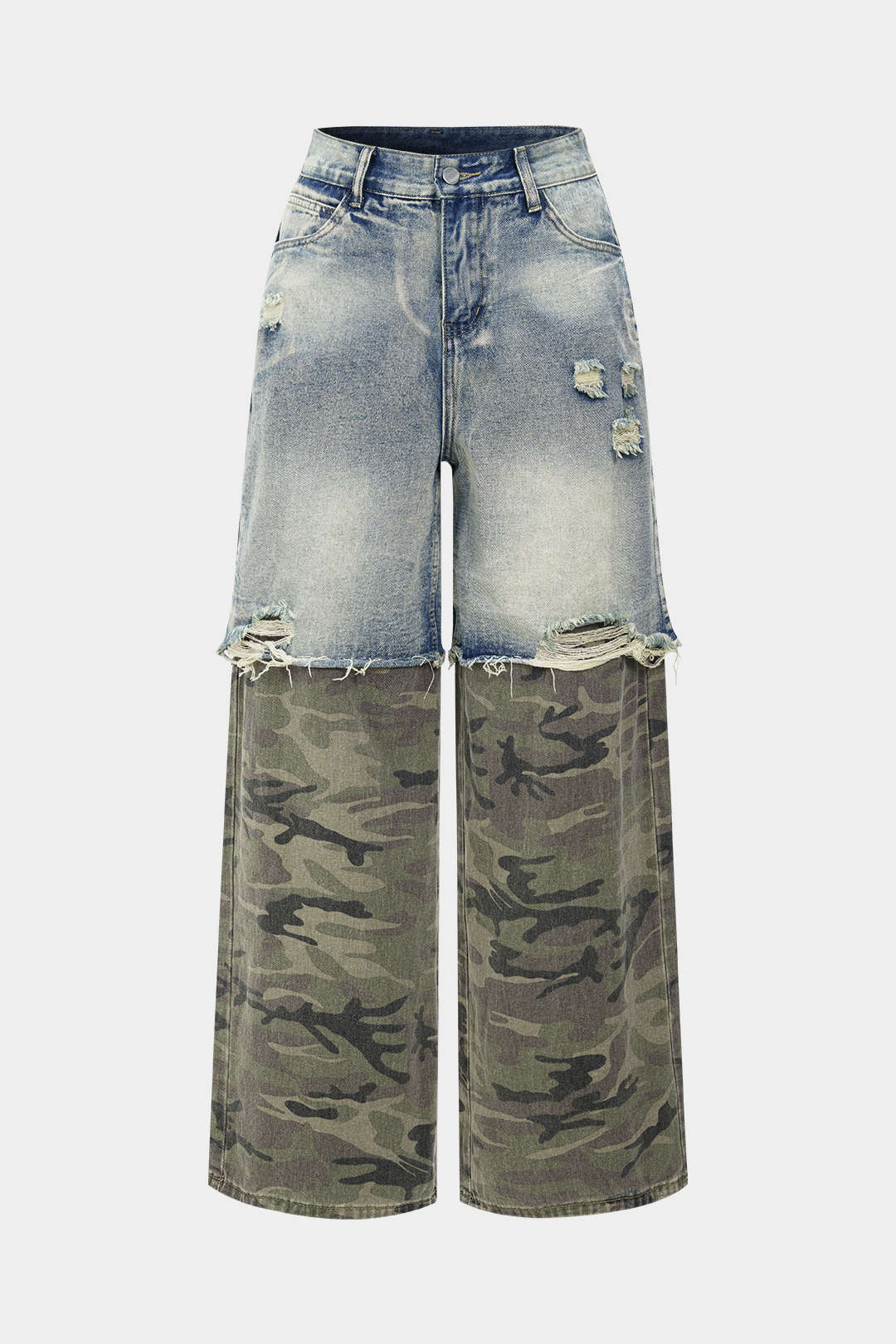 Camo Print Denim Patchwork Button Pocket Jeans