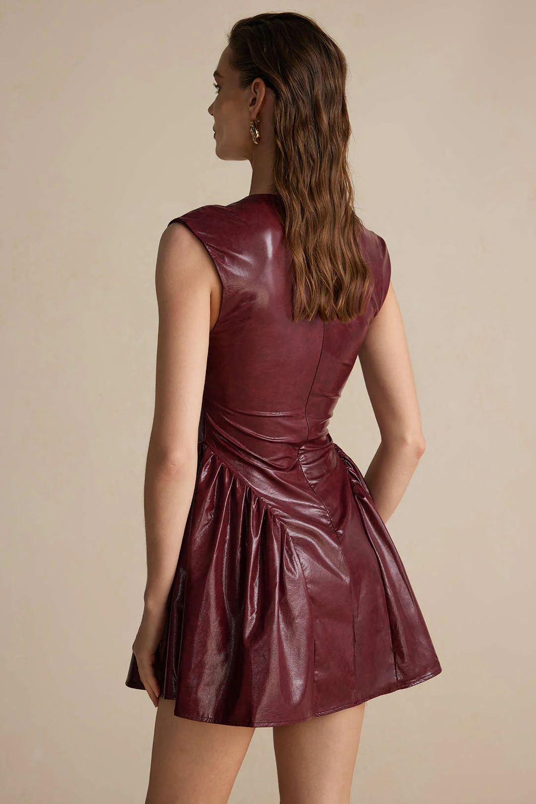 Faux Leather V-neck Ruched Mini Dress