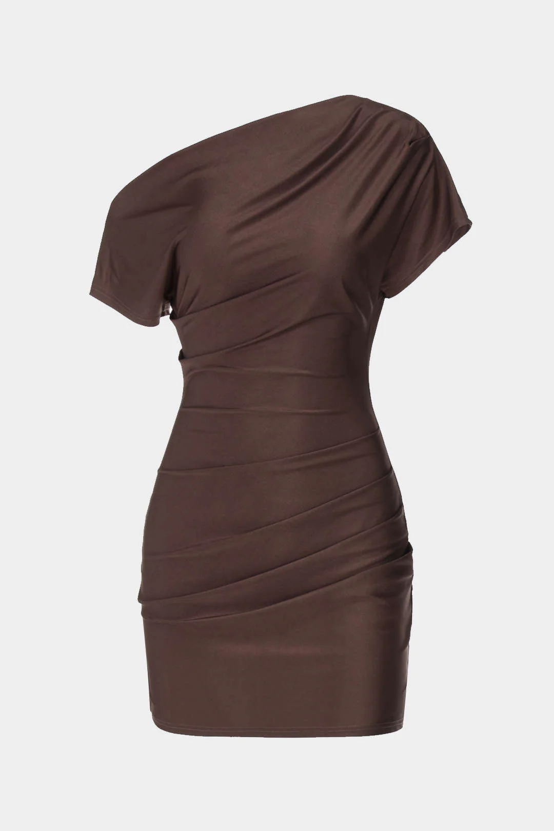 Asymmetrical Shoulder Ruched Short Sleeve Mini Dress