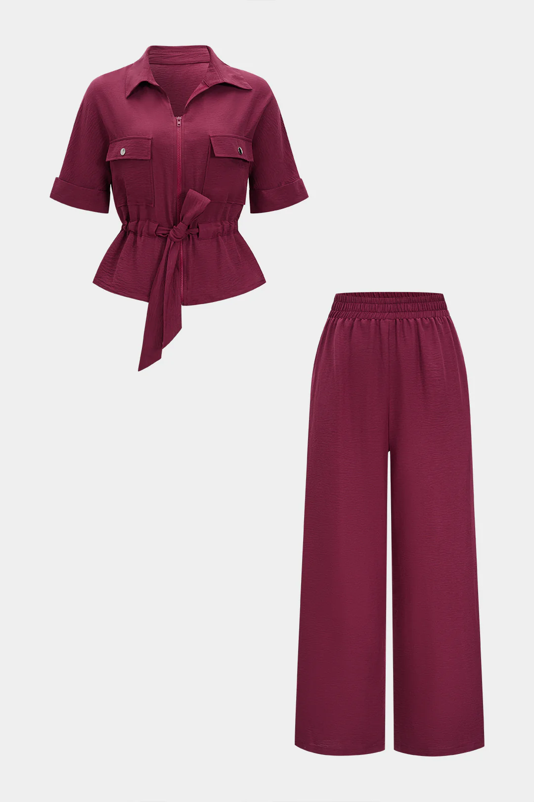 Tie Front Zipper Short Sleeve and Wide Leg Pants Set