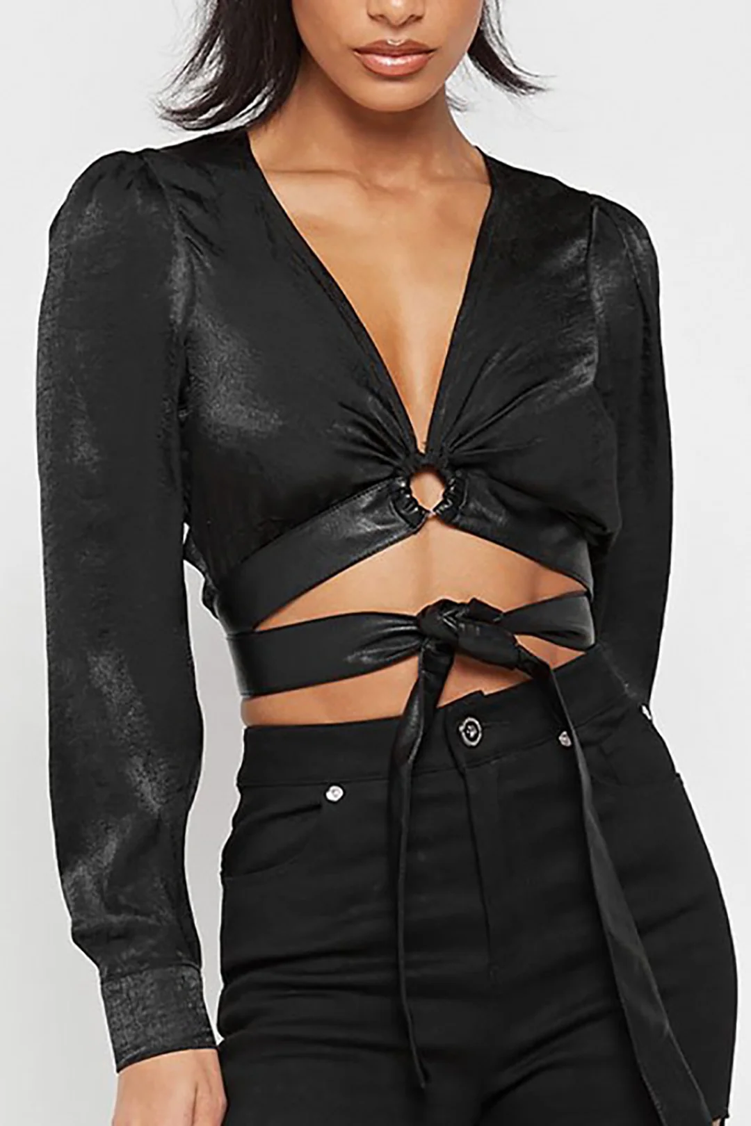 Solid  Faux Leather Tie-Up Long-Sleeve Shirt