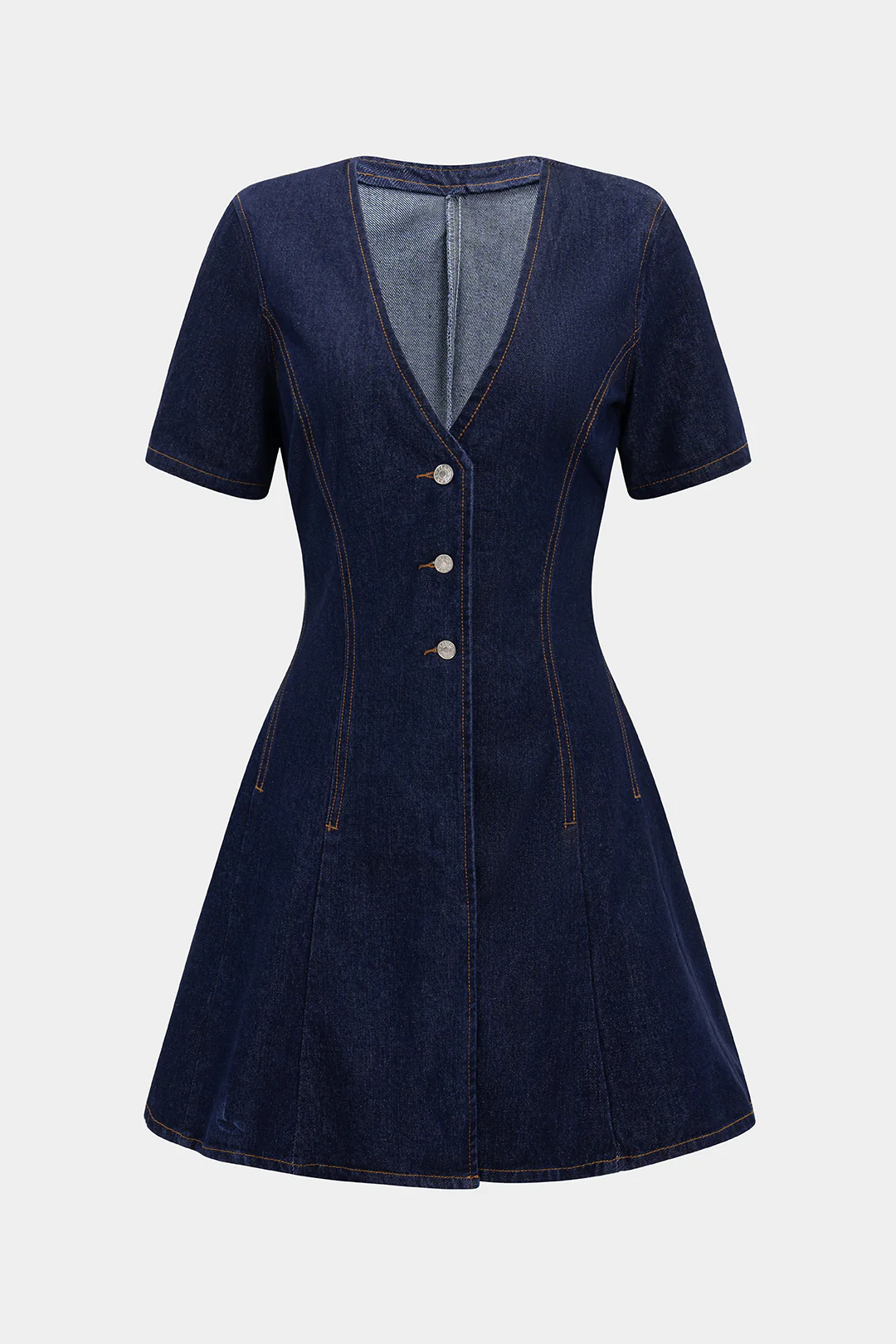 Denim V-Neck Button Short Sleeve Dress