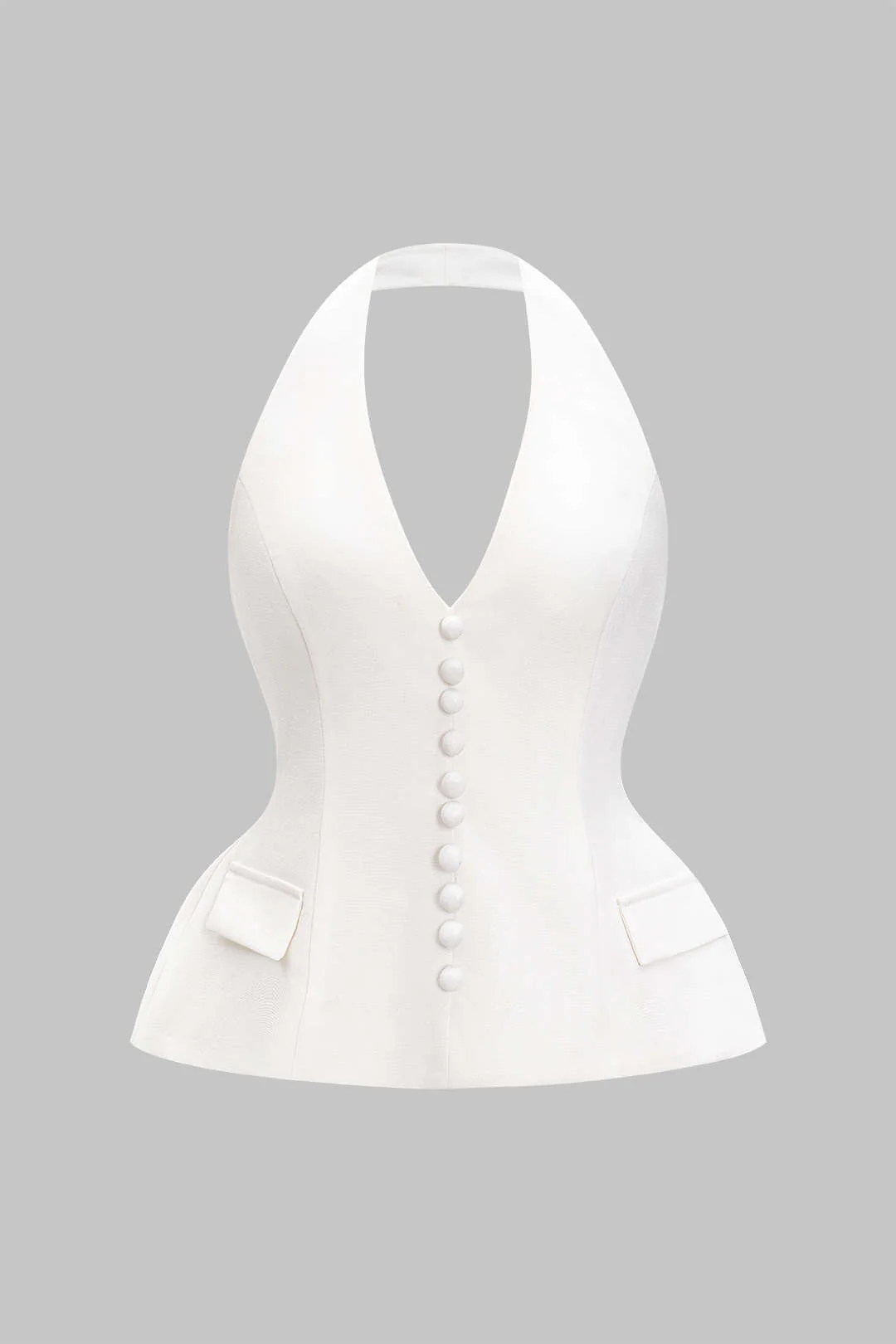 Linen Button Halter Neck Backless Pocket Tank Top