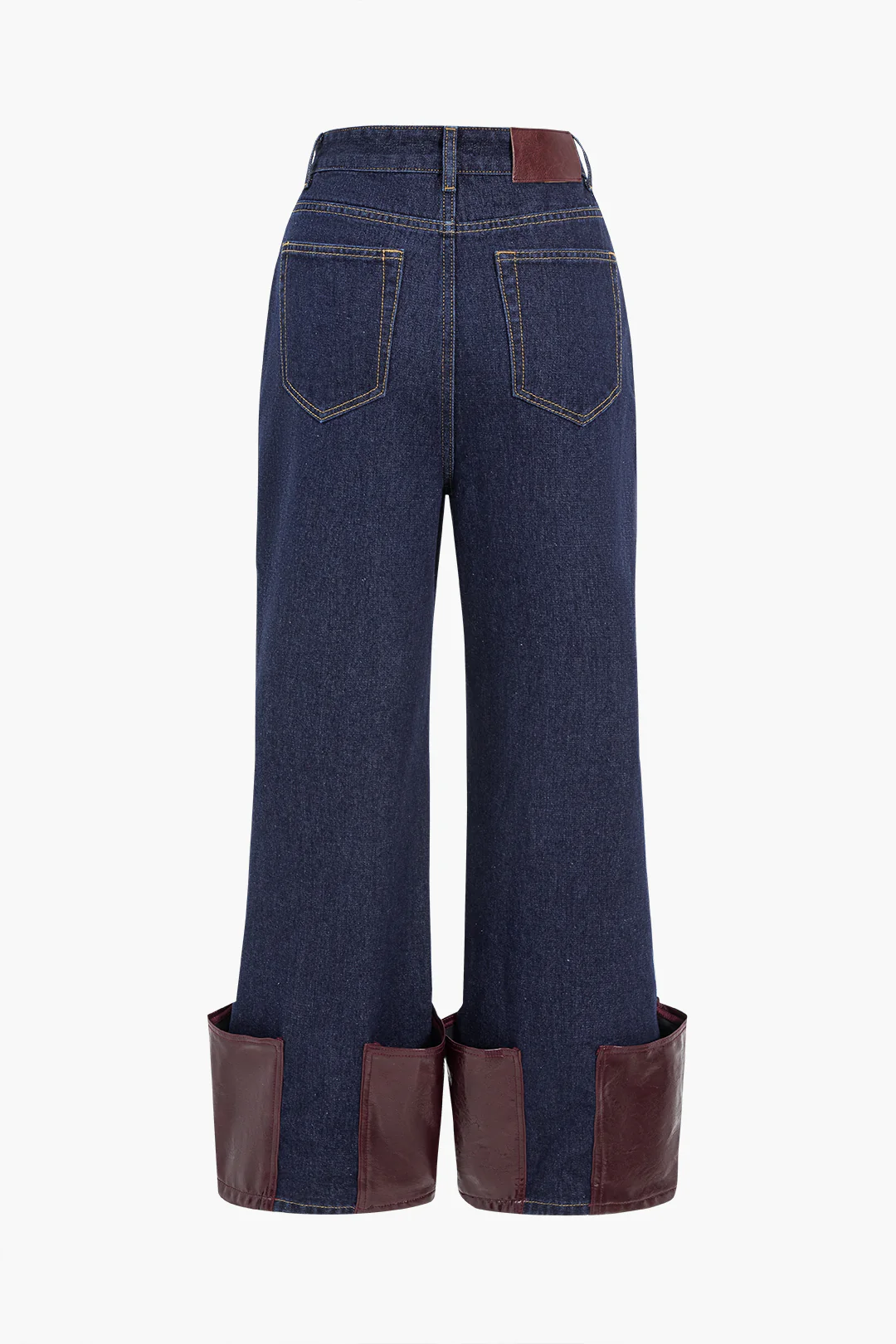 Patchwork Denim Faux Leather Wide Leg Jeans